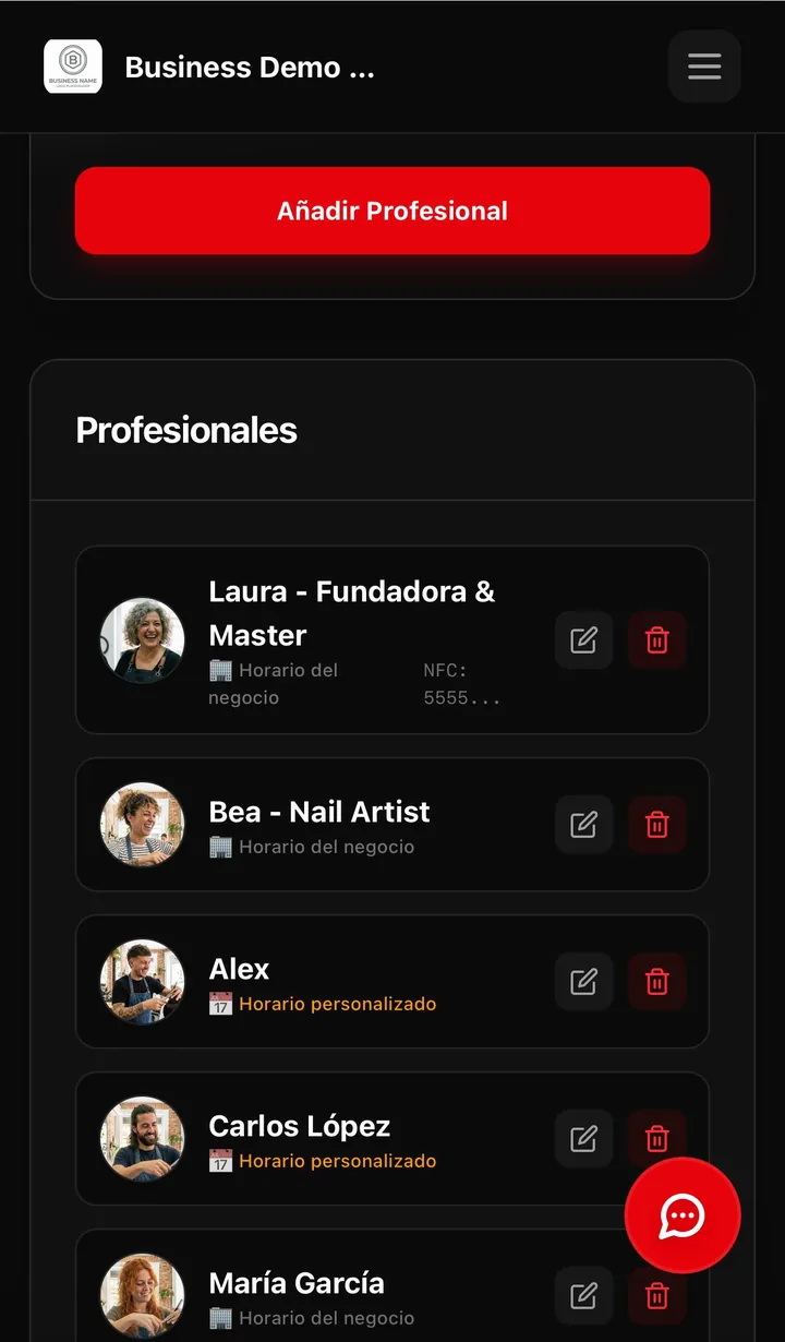 Listado de profesionales del equipo