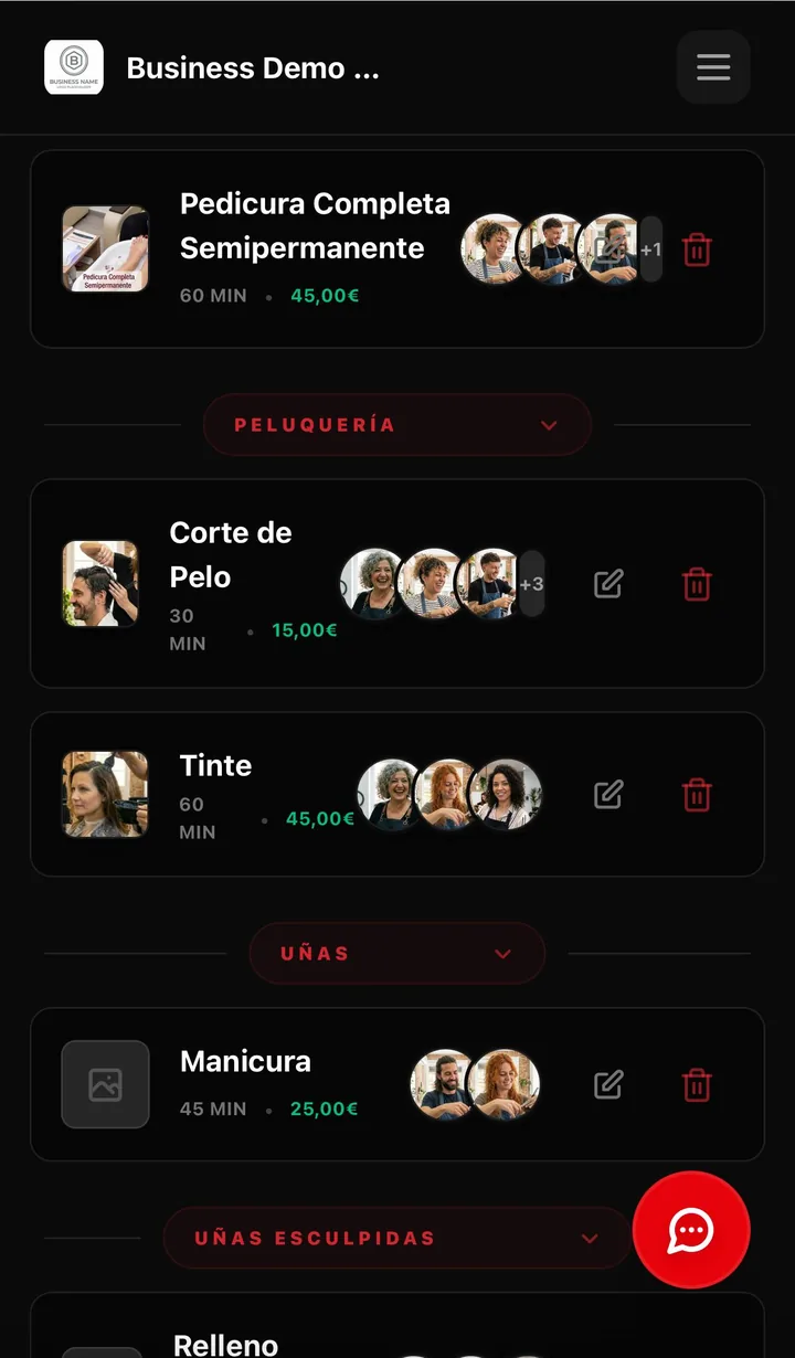 Catálogo de servicios con precios, duración y profesionales